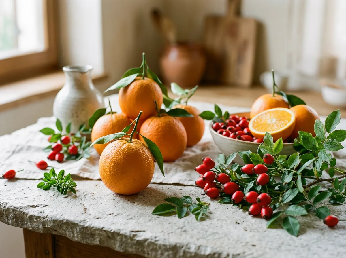 Verse plantaardige ingrediënten: groene thee, gember, brandnetel, pompoenpitten, citrusfruit